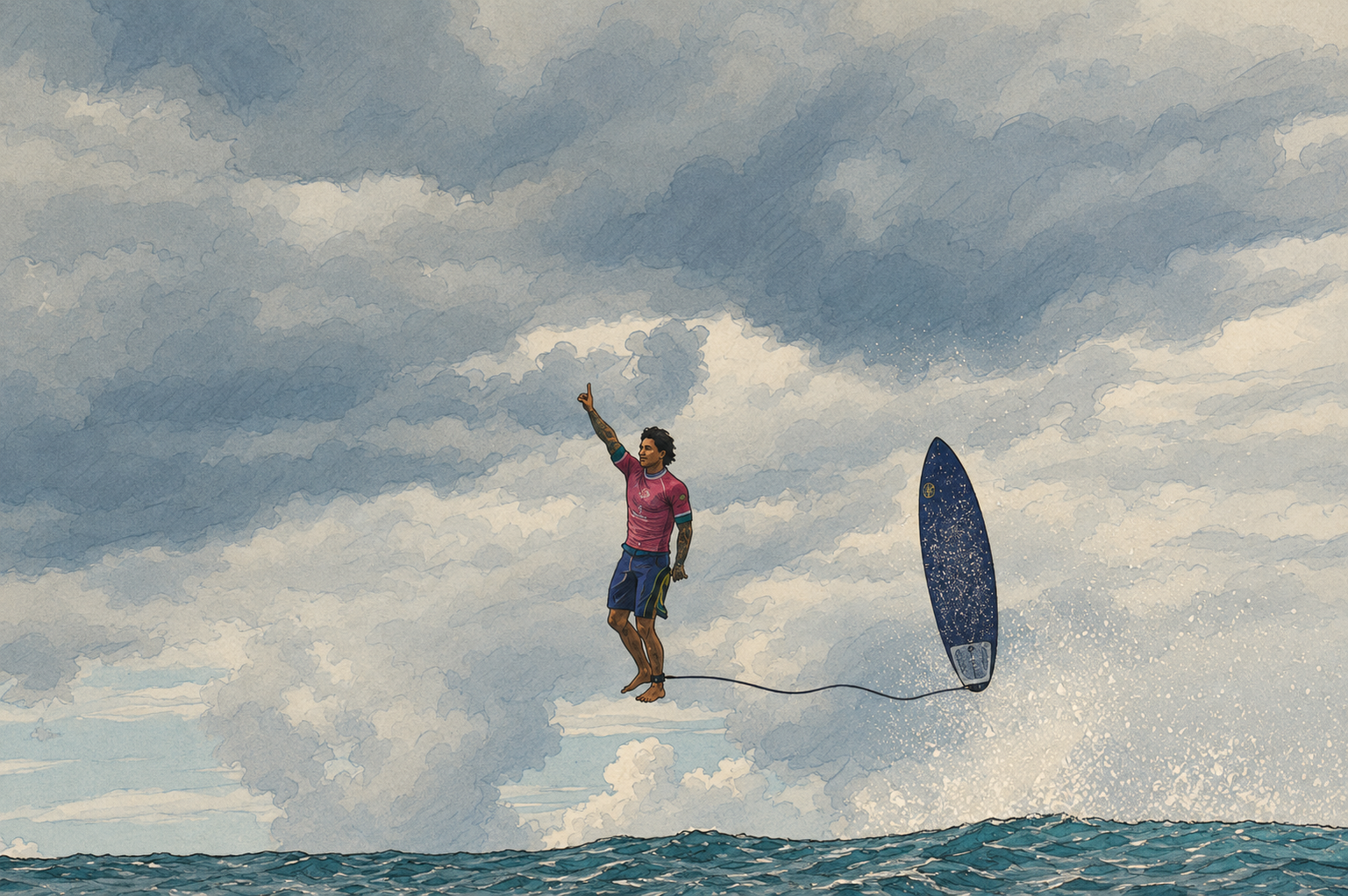 Surfer airborne above the ocean beneath watercolor clouds