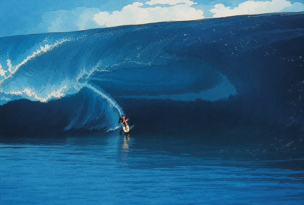 A surfer riding through the face of a large blue wave