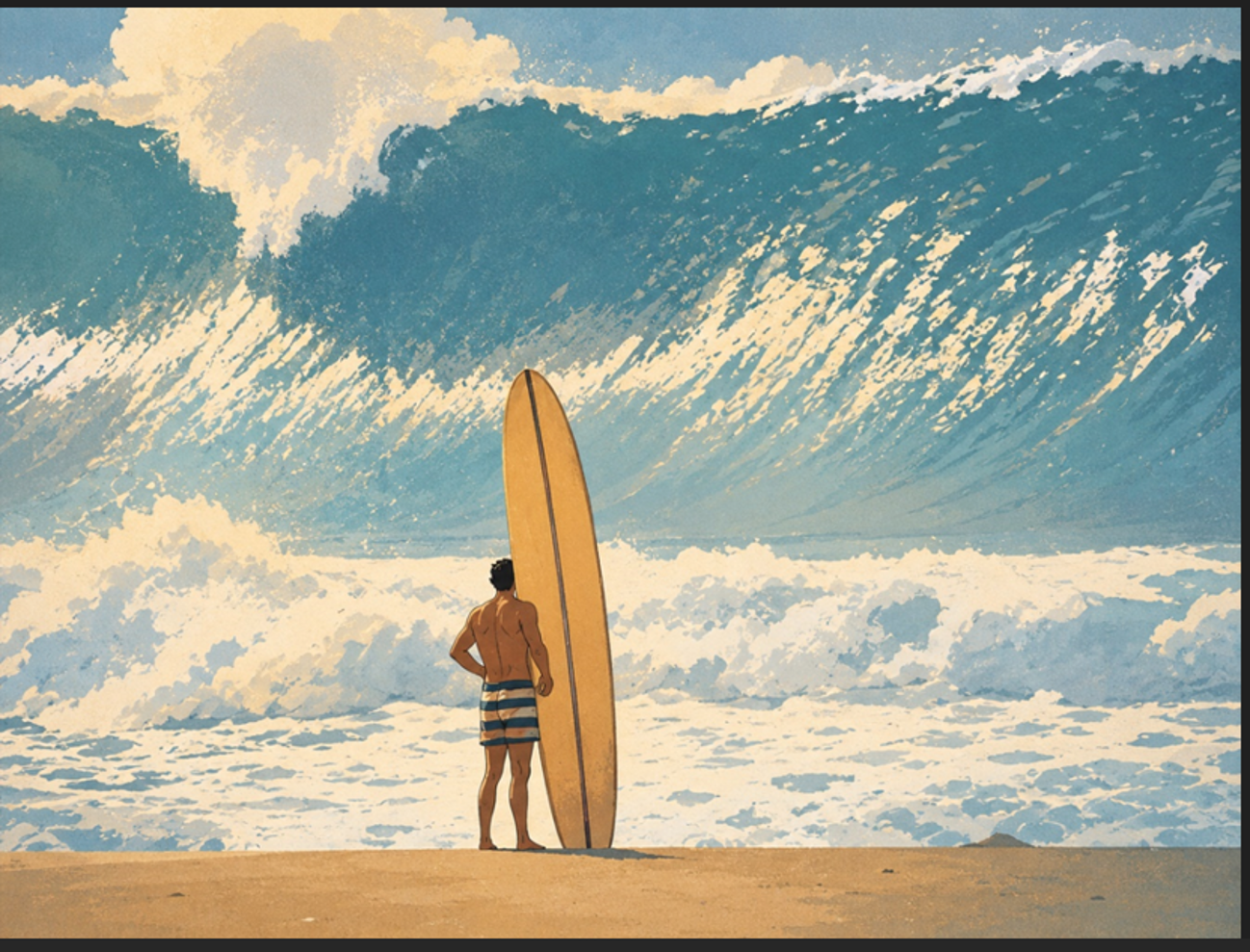 A surfer studying a large incoming wave