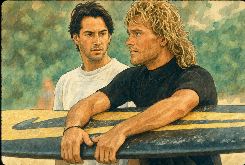 Watercolor illustration of Bodhi and Johnny Utah resting on a surfboard