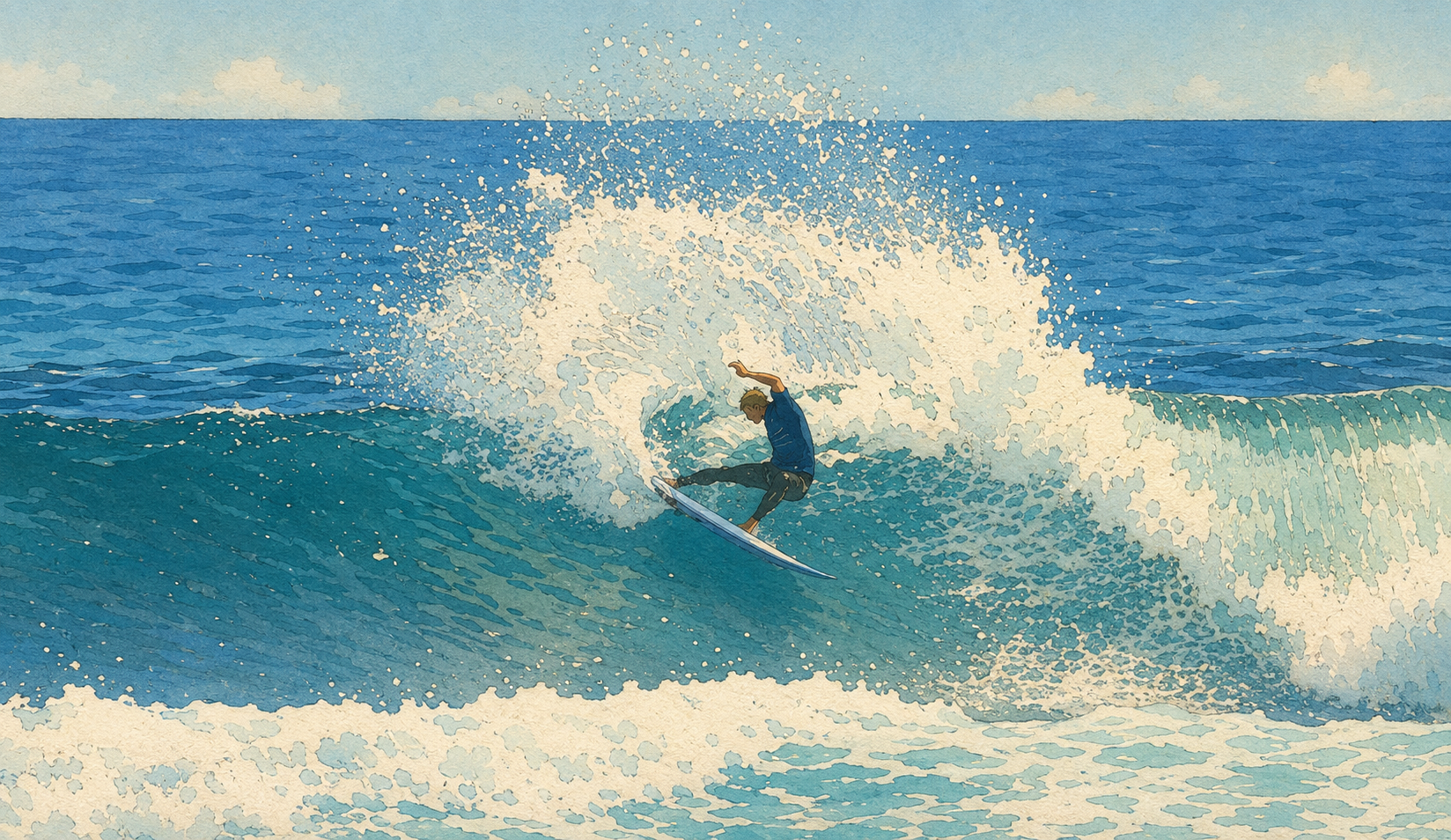 Watercolor illustration of a surfer riding through a breaking ocean wave
