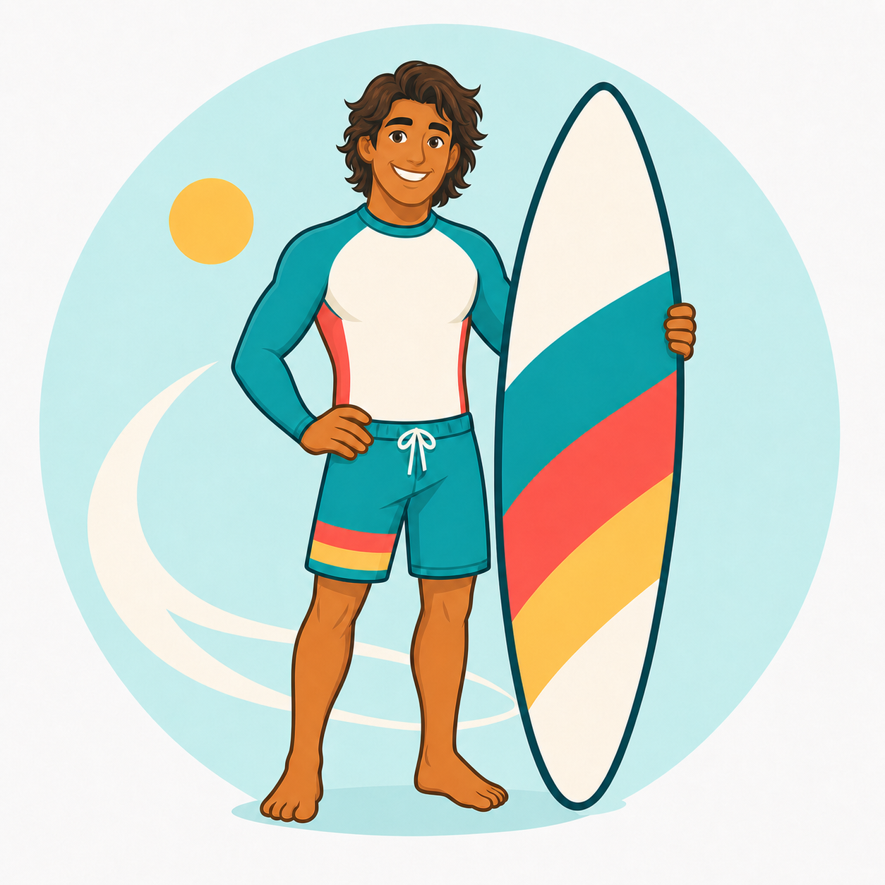 Grant, the Surf Report guide, standing with his surfboard